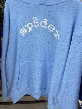 Light Blue Perforated Pullover Sweater with White Logos spider hoodie